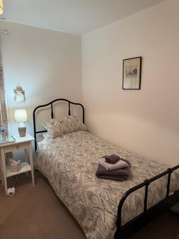 une chambre avec un lit et une table avec une lampe dans l'établissement Single room with beautiful garden, à Édimbourg