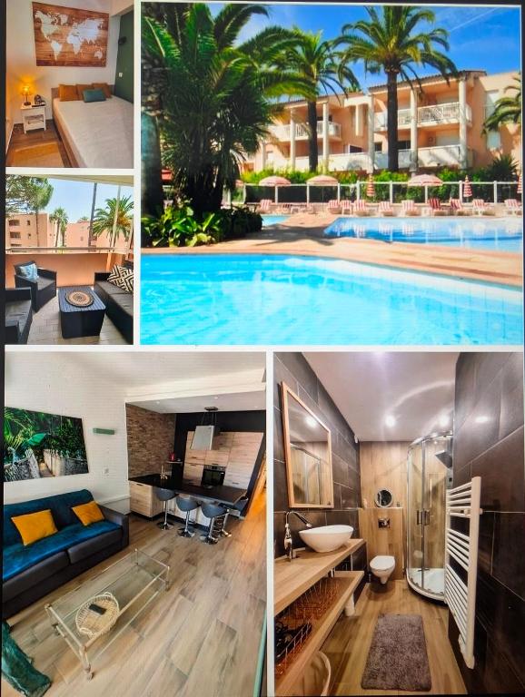 un collage de photos d'un hôtel avec une piscine dans l'établissement Résidence de Vacances avec Piscine & Transat, à 2 minutes des plages - Bât n2, à Vallauris