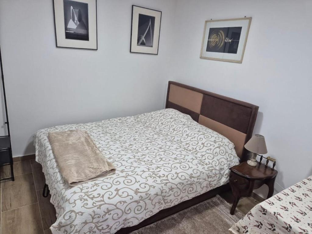 a bedroom with two beds and a table with a lamp at Cozy Central Studio - Dile in Žabljak