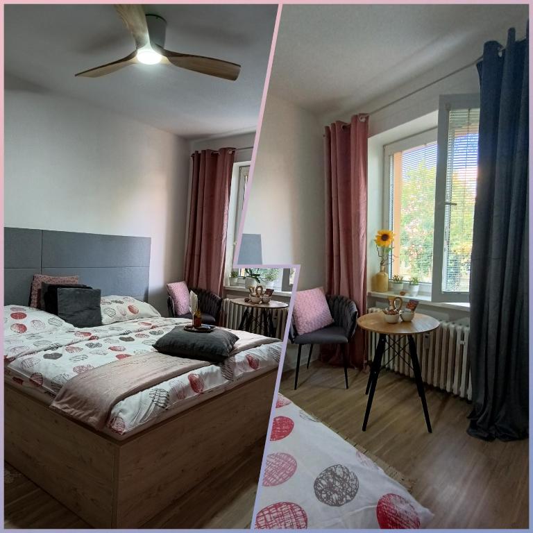 a bedroom with a bed and a ceiling fan at Apartmán Poprad Centrum in Poprad