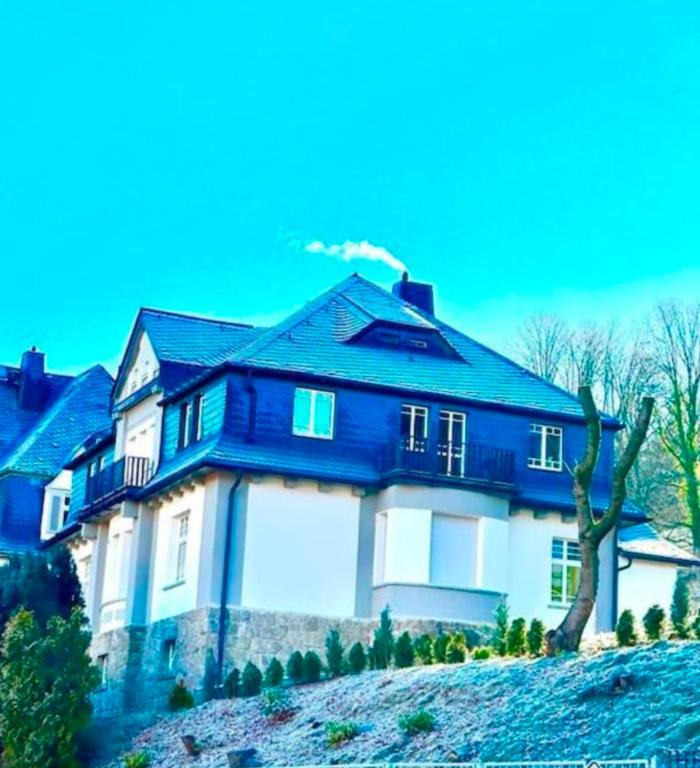 Villa Schlossblick في Neuanbau: منزل أزرق وبيضاء فوق تلة