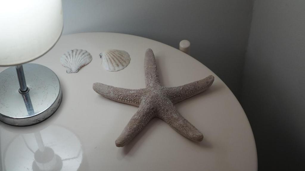 two starfish sitting on a white table with a lamp at Apartamento Altea Centro in Altea