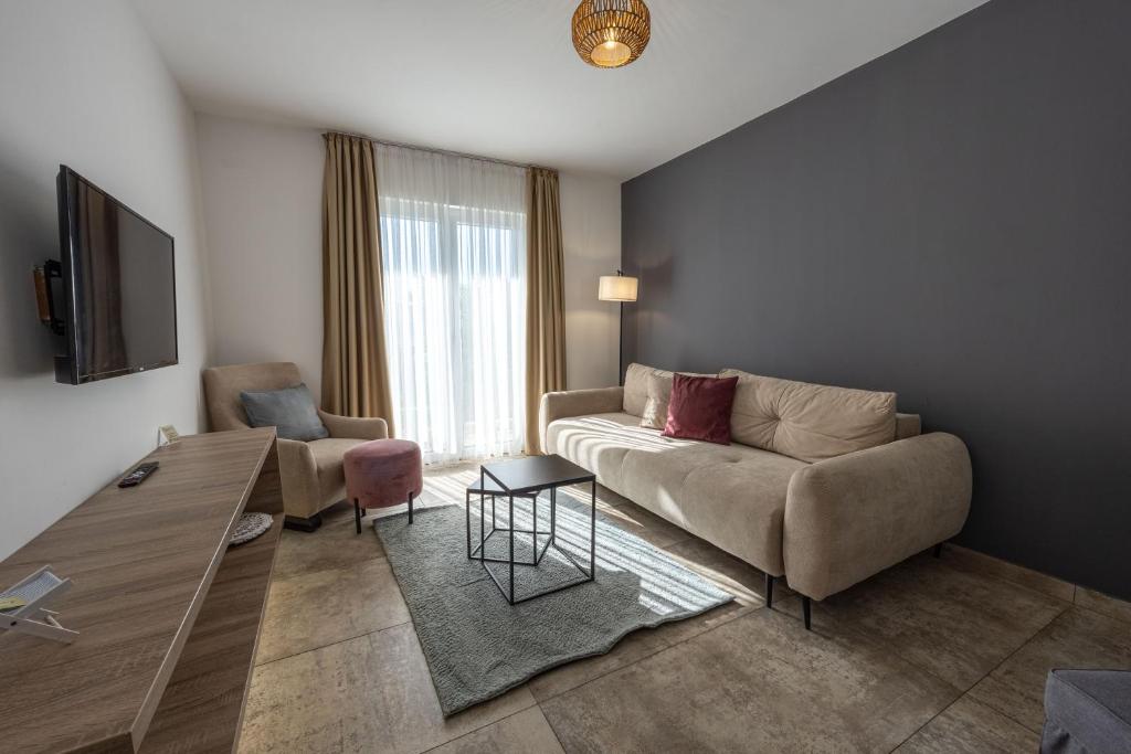 un soggiorno con divano e sedia di Boka Bay Residences a Herceg-Novi