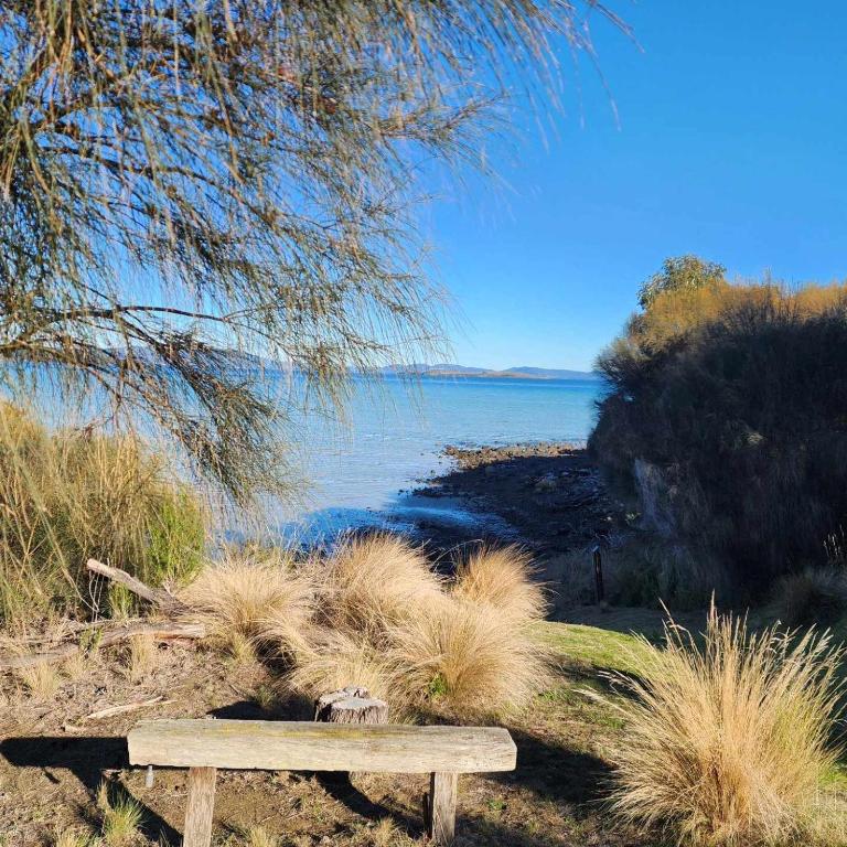 DunalleyFlotsam Seaside Studio Dunalley的山坡上靠近水边的一条木凳