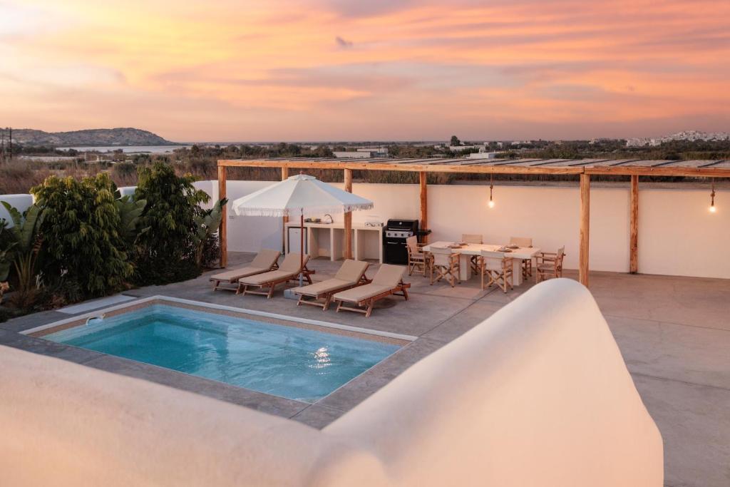 a villa with a swimming pool on a roof at Petradia Villas in Naxos Chora