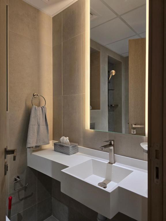 a bathroom with a white sink and a mirror at Dubai Airport Hostel in Dubai