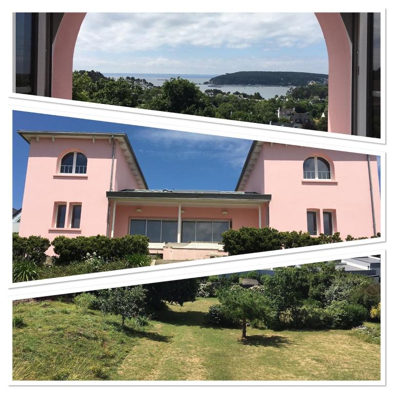 deux photos d'une maison rose avec l'océan en arrière-plan dans l'établissement La Vigie, à Crozon