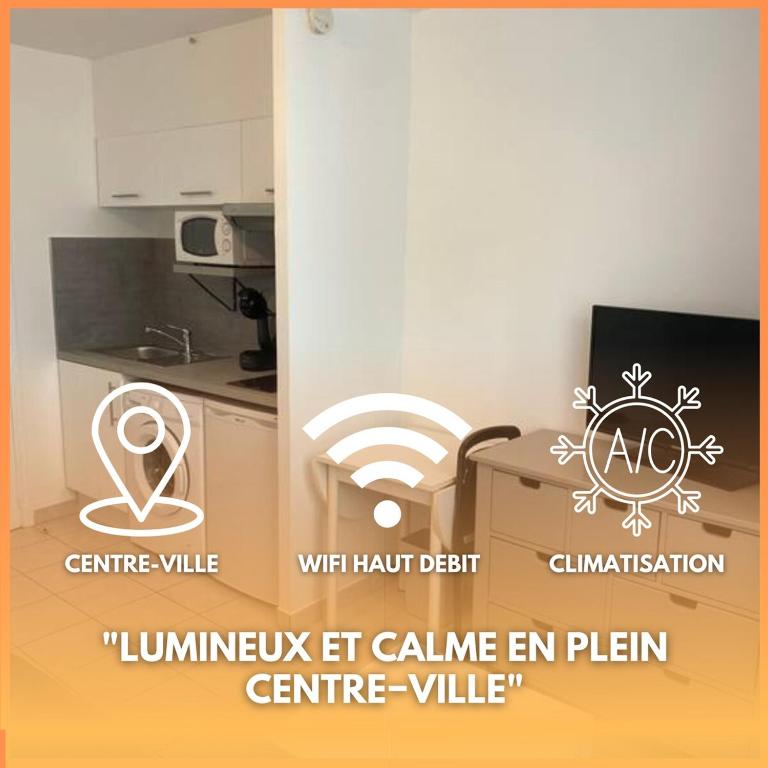 un collage de deux photos d'une cuisine avec une pièce dans l'établissement Le Jean #Central #Air conditioning #Cosy, à Cannes
