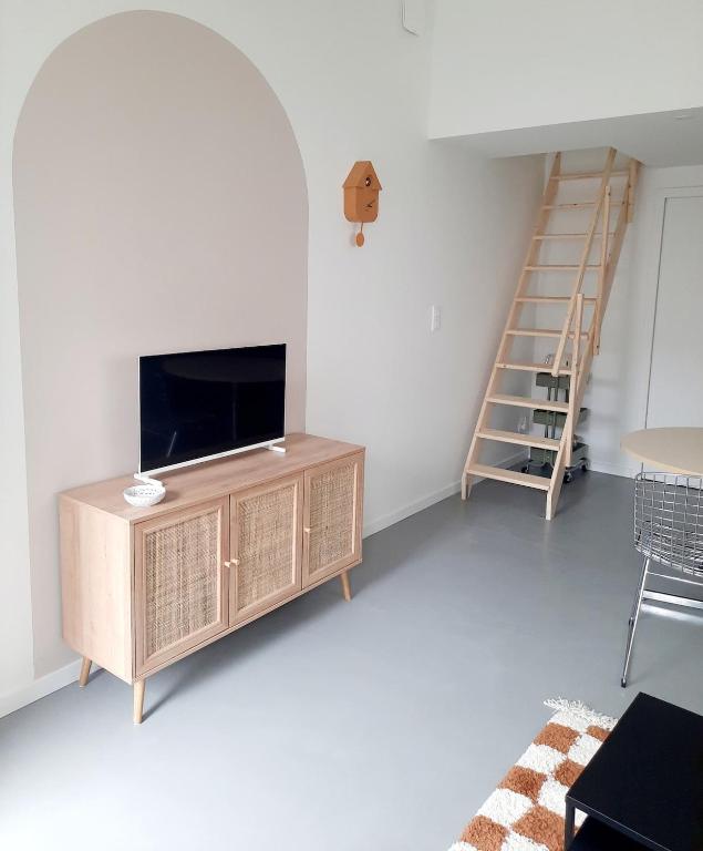un soggiorno con TV e scala a pioli di Lucie City Lodge Clermont-Ferrand a Clermont-Ferrand
