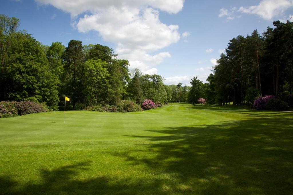 a lush green golf course with trees and a yellow flag at Rudding Park in Harrogate