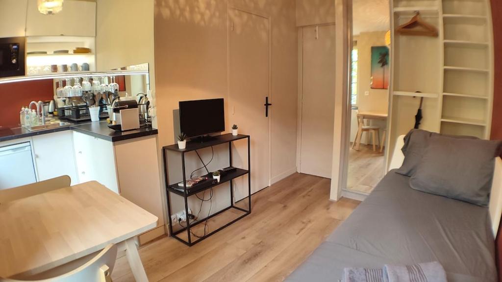 un petit salon avec un canapé et une cuisine dans l'établissement LET'S Studio L'Escale in Lyon, à Lyon