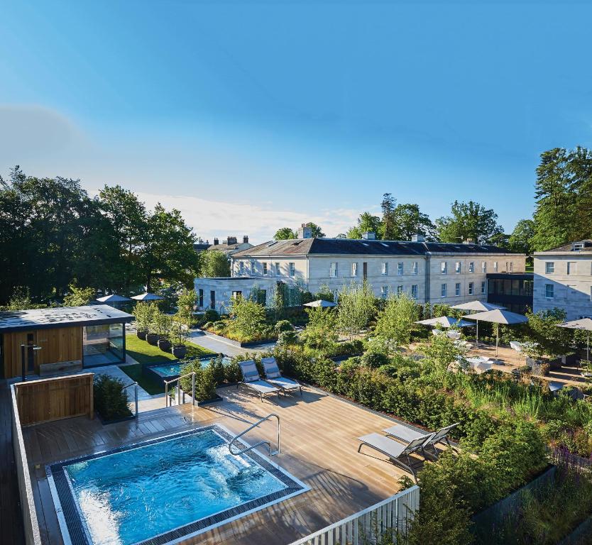 an aerial view of a hotel with a swimming pool at Rudding Park in Harrogate