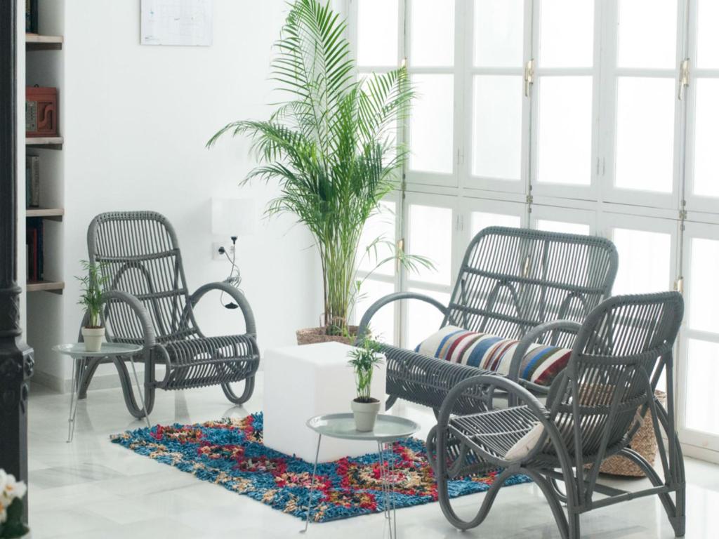 una habitación con 3 sillas, una mesa y una planta en Hostal La Casa Sanlúcar, en Sanlúcar de Barrameda