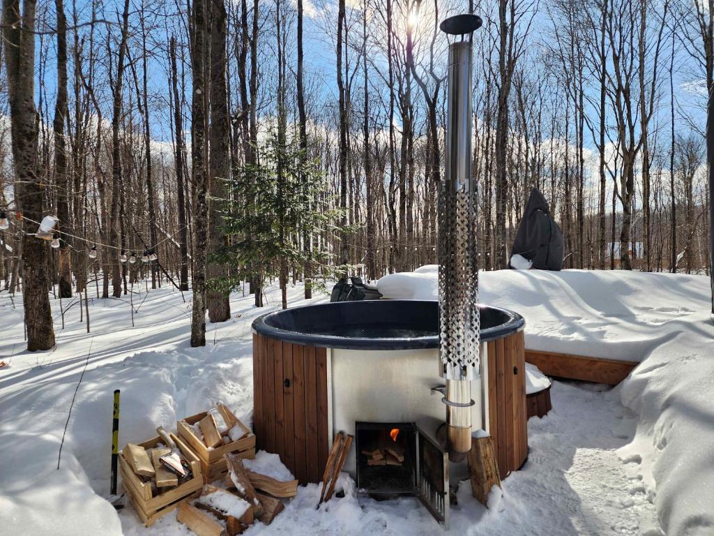 a hot tub in the snow in the woods at Kartalla - the A frame experience in Tremblant in Saint-Rémi-dʼAmherst