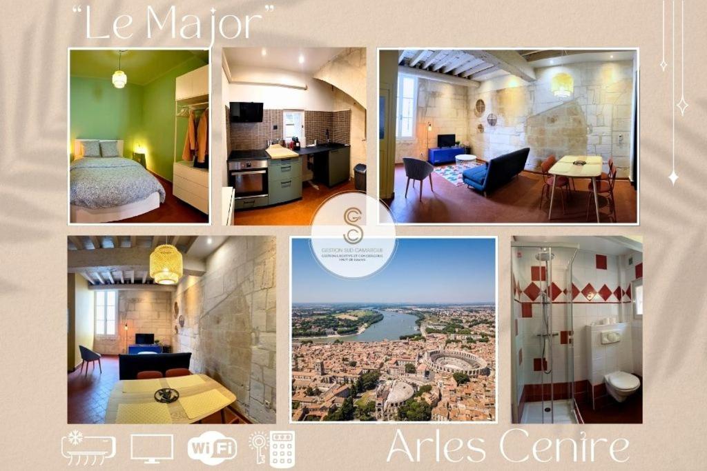 un collage de photos d'une chambre d'hôtel dans l'établissement Le Major Arles Centre, à Arles