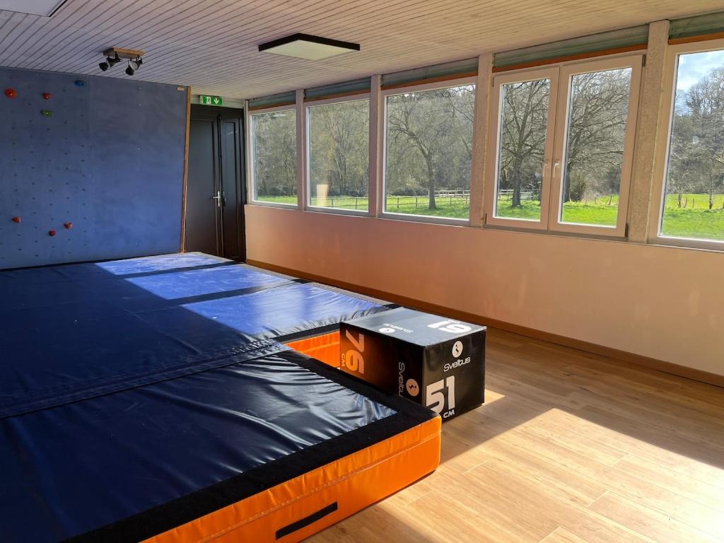 an empty room with a bed and windows at Auberge des Quatre Moulines in Le Longeron