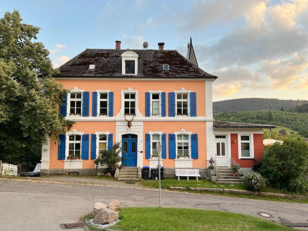 a large house with blue shutters on a street at theMAP in Lenzkirch