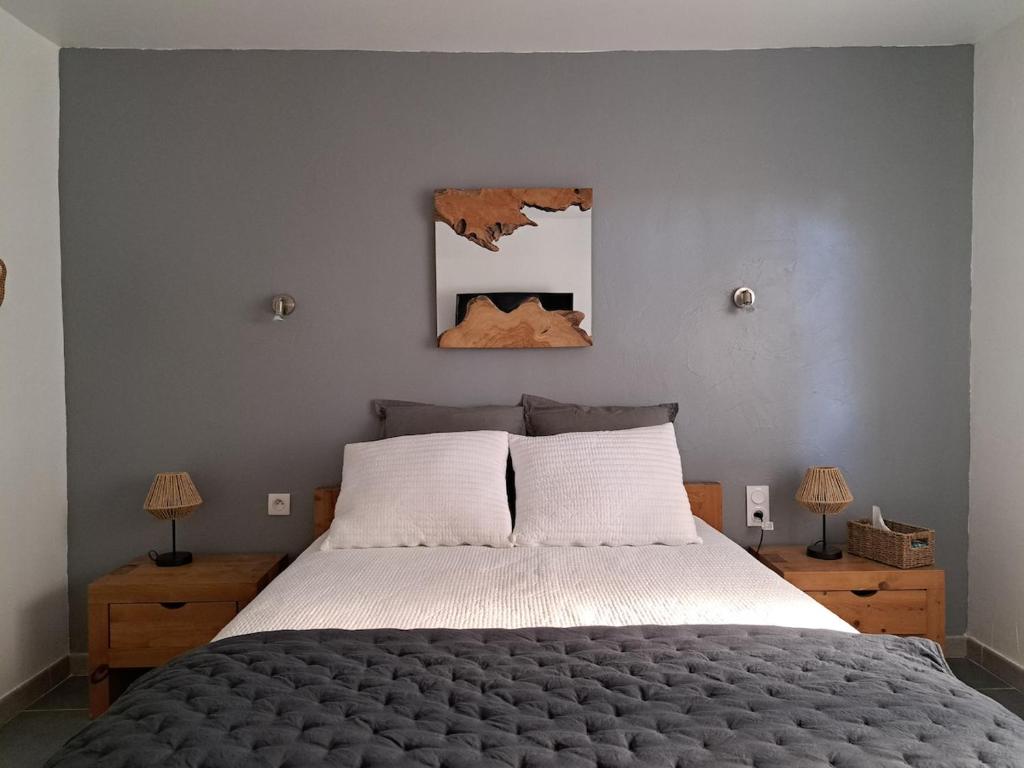 ein Schlafzimmer mit einem Bett und einem Spiegel an der Wand in der Unterkunft Appart Béziers - Campagne de Montimas in Béziers