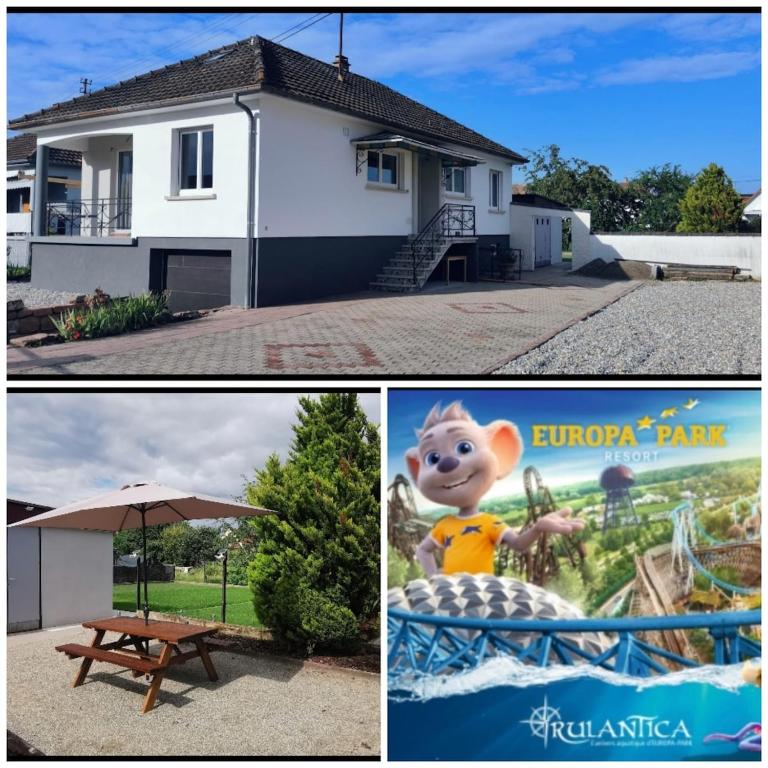 deux photos d'une maison et d'un parc dans l'établissement Maison avec jardin proche Europa-Park Rulantica Strasbourg Colmar, à Rhinau