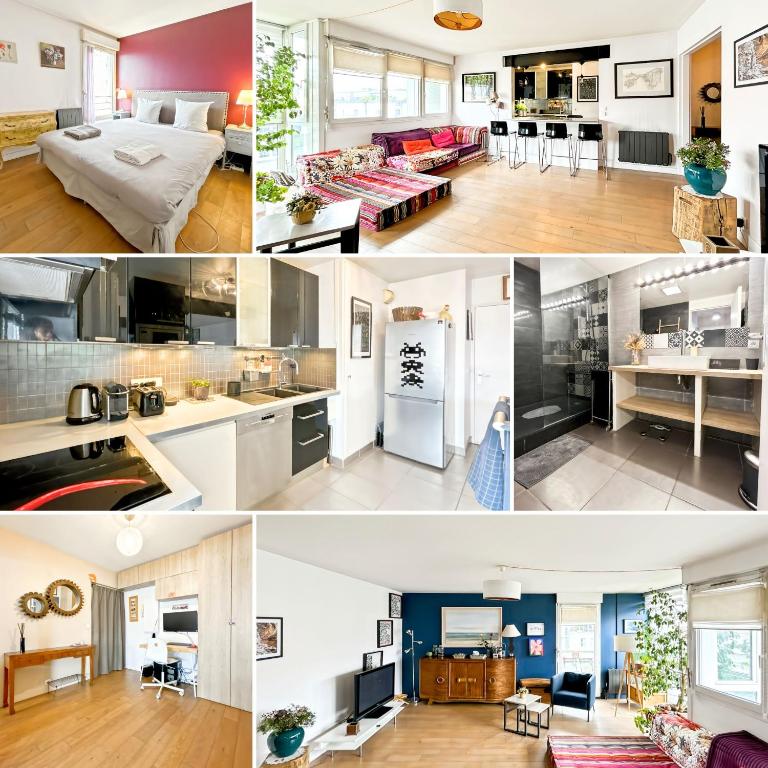un collage de photos d'une cuisine et d'un salon dans l'établissement Charmant logement avec vue jardin - proche du métro, à Asnières-sur-Seine