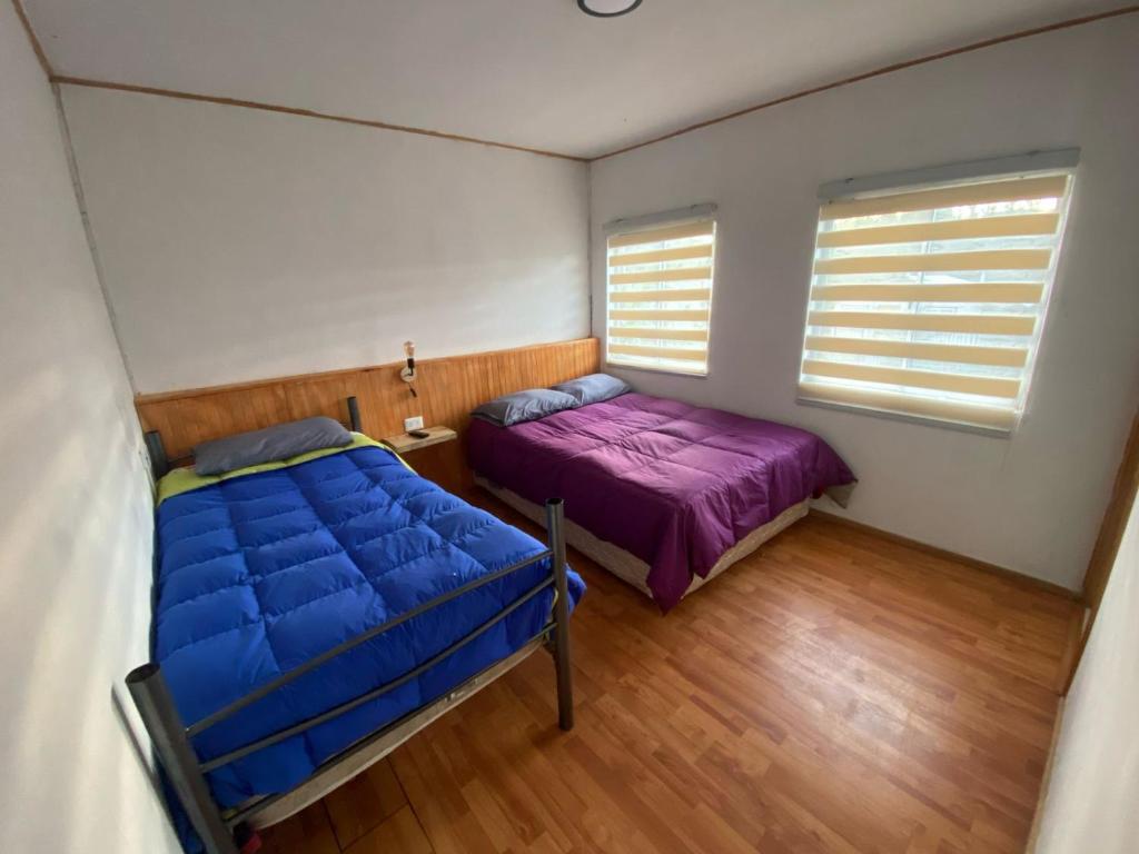 a bedroom with two beds and two windows at Hostal Flor Austral in Chile Chico