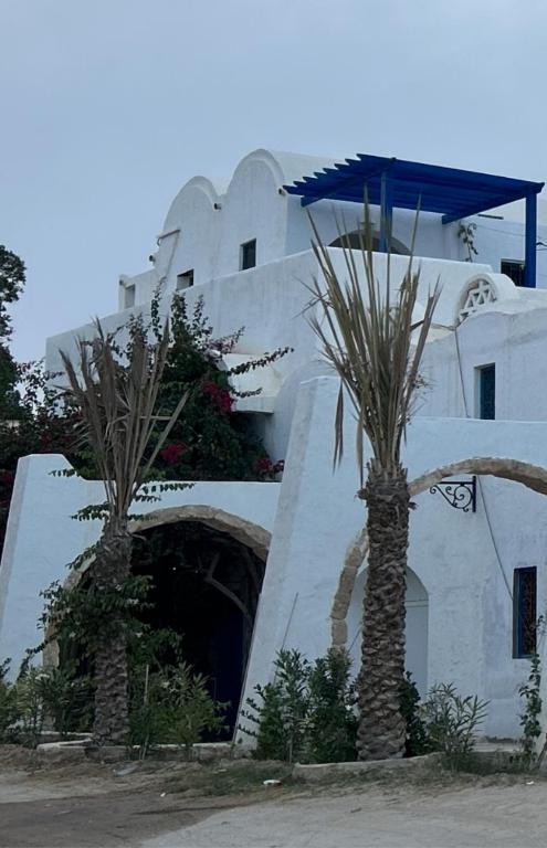 two palm trees in front of a building with an umbrella at Hôtel Djerba Authentique - Au centre de Midoun in Midoun