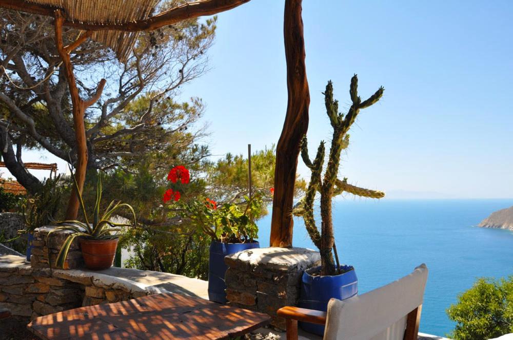 a table and chairs with a view of the ocean at Pano Gitonia in Aegiali