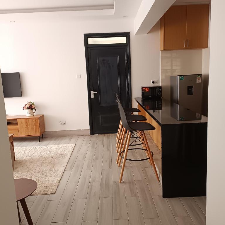 a kitchen with a black counter and a black refrigerator at The Perfect Stay 2BR in Ruaka Near Two Rivers in Nairobi