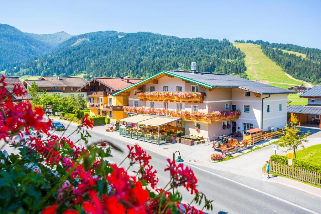 a town in the mountains with flowers in the foreground at Schnitzl-Eck in Flachau