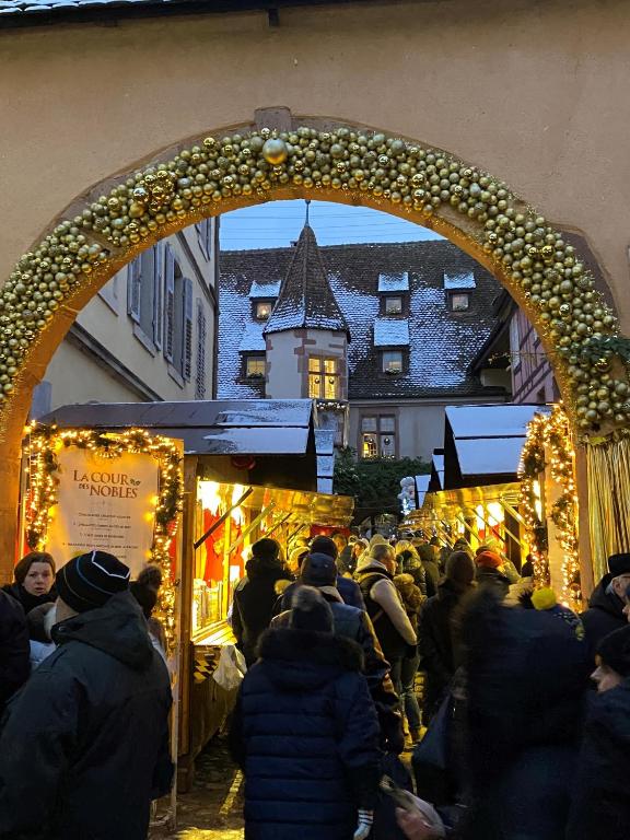 Une foule de gens se promenant autour d'un marché de Noël dans l'établissement Domaine La Cour Des Nobles - Demeure, Maison et Appartements au coeur de Riquewihr, à Riquewihr