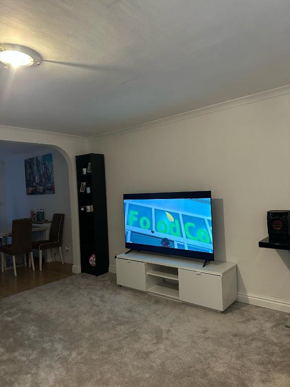 ein Wohnzimmer mit einem Flachbildfernseher an der Wand in der Unterkunft Cosy Home In Sheffield in Handsworth