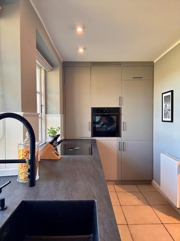 Kuchyň nebo kuchyňský kout v ubytování Seesucht-Föhr - Moderne Reet-Haushälfte mit Sauna, Garten & Terrasse nahe Wattenmeer