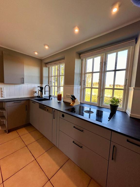 Kuchyň nebo kuchyňský kout v ubytování Seesucht-Föhr - Moderne Reet-Haushälfte mit Sauna, Garten & Terrasse nahe Wattenmeer
