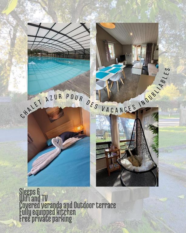 un collage de photos d'un hôtel avec piscine dans l'établissement Chalet familial entre lac et fôret, à Azur