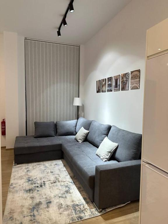 a living room with a blue couch and a rug at Apartamento Murcia San José C in Murcia