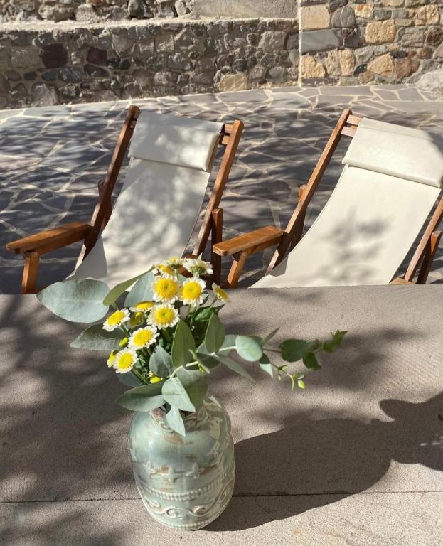 two chairs and a vase with flowers in it at Kontos Village House in Kondós