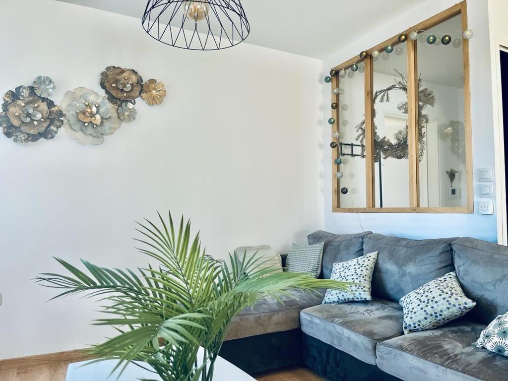 un salon avec un canapé et un miroir dans l'établissement charbonnier 6 personnes avec terrasse et parking, à Reims