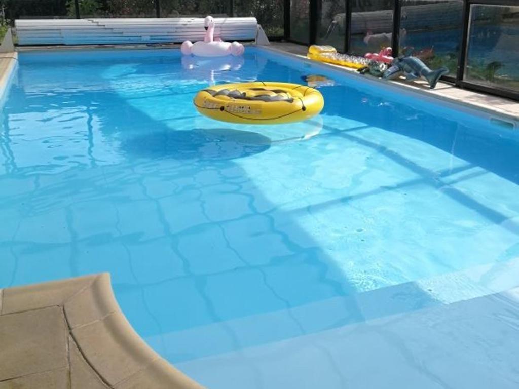ein Pool mit einem gelben Floß im Wasser in der Unterkunft Gîte rénové avec piscine dans le Gâtinais - FR-1-590-564 in Chantecoq