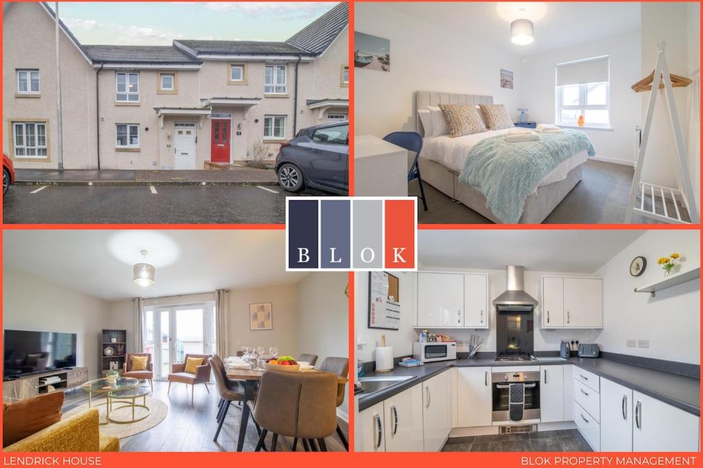 a collage of photos of a kitchen and a bedroom at Lendrick House-Spacious 3 Bed House in Falkirk in Polmont