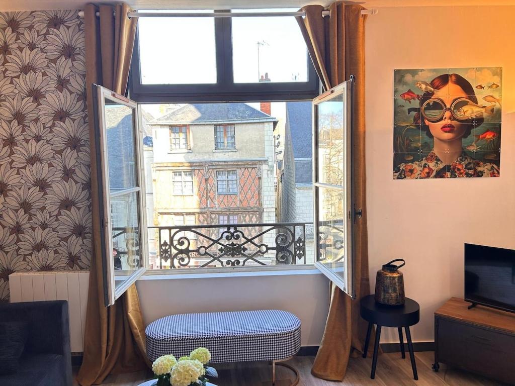 une fenêtre avec vue sur la ville dans l'établissement Le Cinq, Appartement de charme Place Saint Pierre Saumur, à Saumur