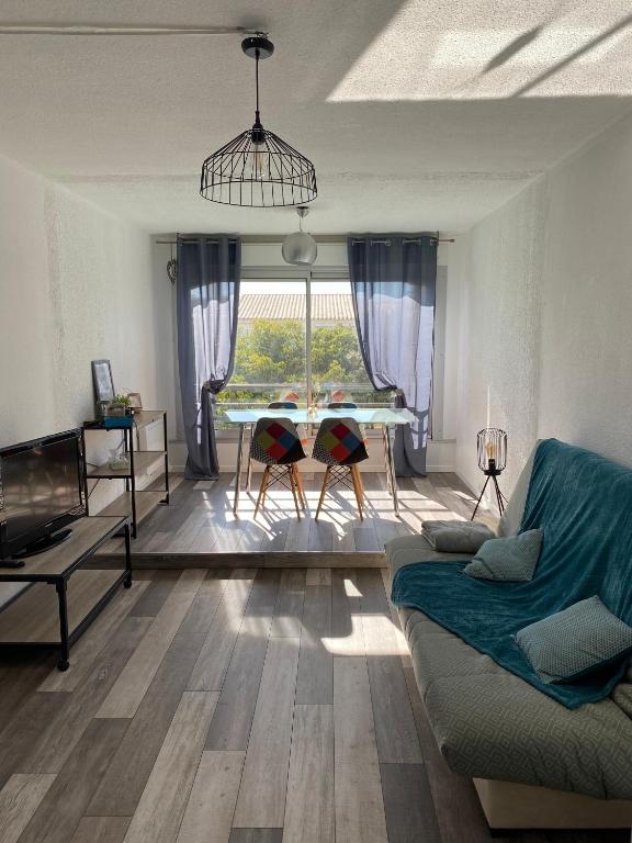 un salon avec un canapé et une table dans l'établissement Joli studio cabine centre port la baleine rose, au Cap d'Agde