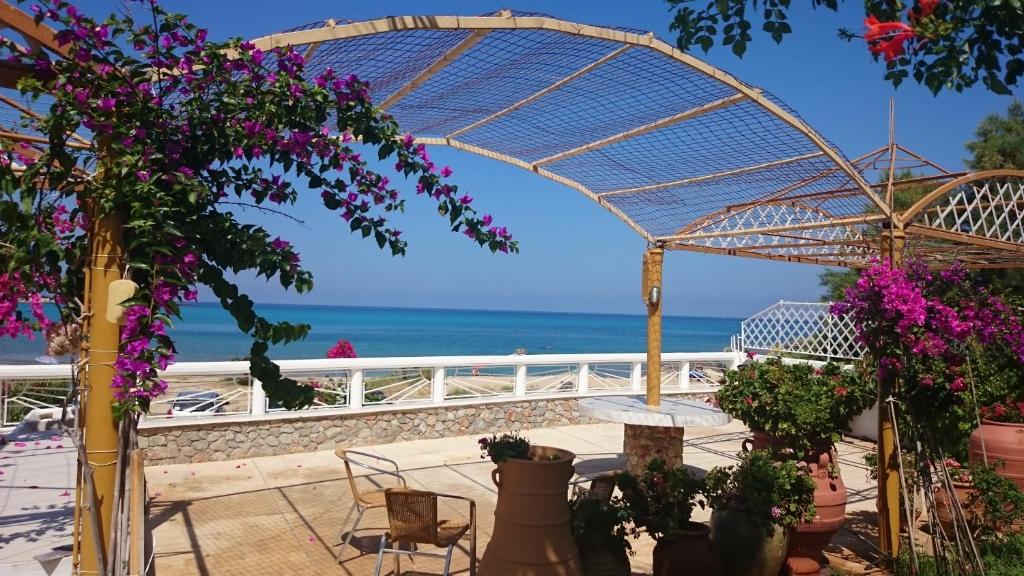 a view of the beach from a patio with flowers at Villa in the sea Crete in Stavros