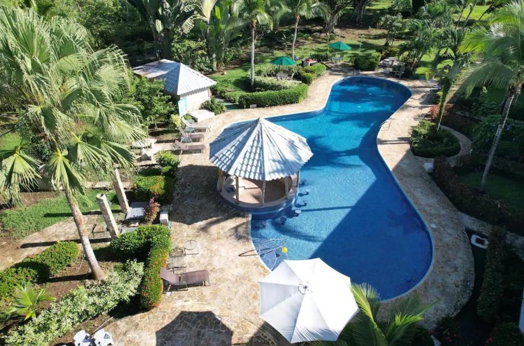 an overhead view of a swimming pool with an umbrella at Casa del Sol - Poolside Villa in Quepos