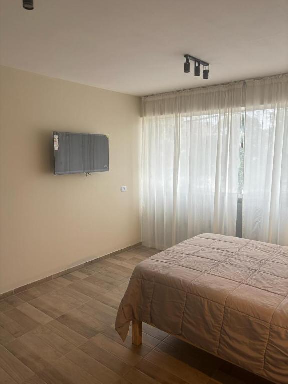 a bedroom with a bed and a flat screen tv at Hotel Ideal Termal in Termas de Río Hondo