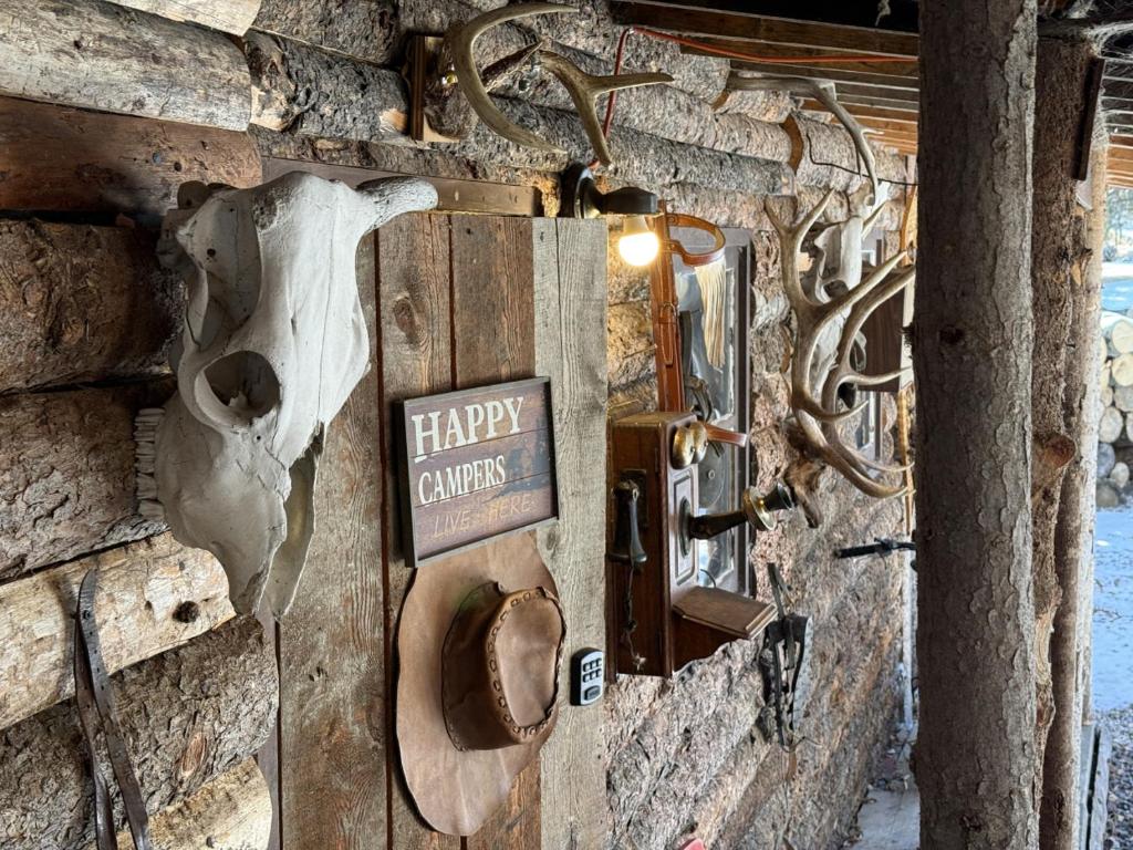 a cow head on a wall with a happy canyon sign at Rustic Cozy Cabin with hot tub in Bragg Creek