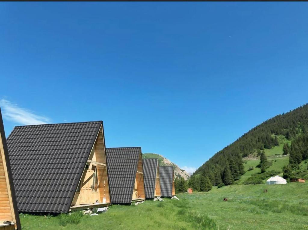 a row of huts on a hill with a green field at Bosogo Resort in Pervomayskoye