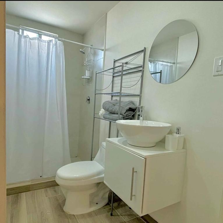 a bathroom with a toilet and a sink and a mirror at Departamentos camille in Puerto Peñasco