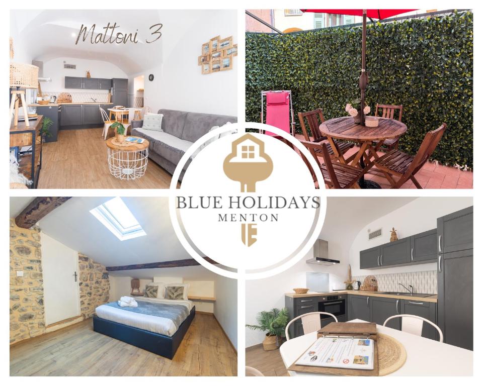 un collage de photos d'une cuisine de vacances bleue et d'un salon dans l'établissement Le Mattoni 3, à Menton