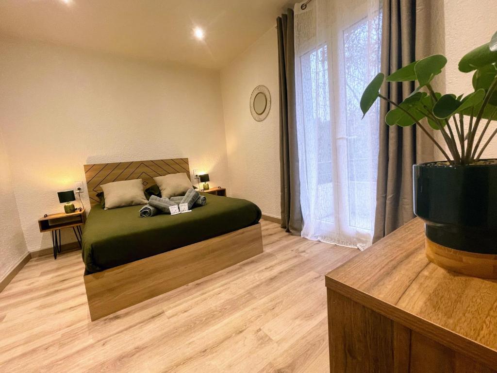- une chambre avec un lit vert et une grande fenêtre dans l'établissement 2 min Rois de majorque, Netflix, air conditioning, à Perpignan