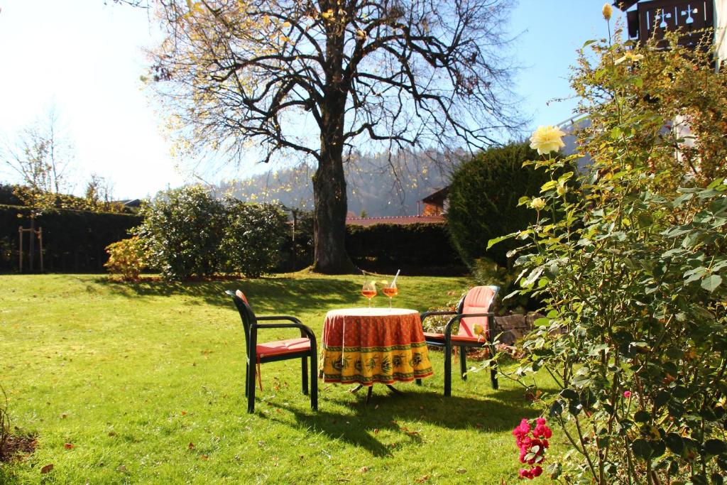 two chairs and a table with a tablecloth on a grass field at Grosse Wohnung mit Garten und Bergblick in Rottach-Egern